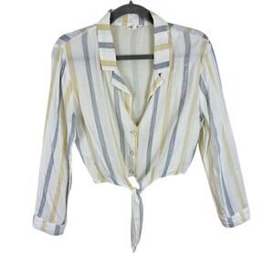 LUNIK Striped Lightweight Cropped Collared Button Up Tie Front Blouse Size M